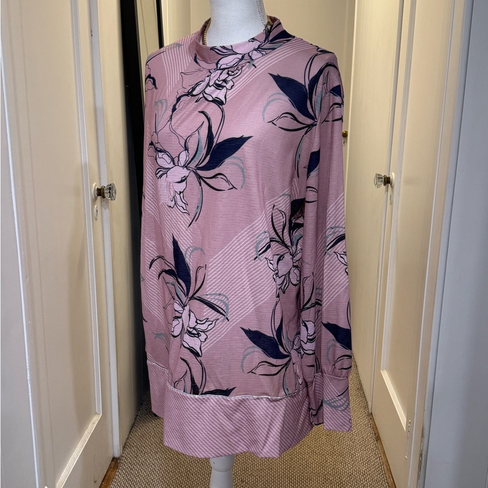 Pink long sleeve oversized blouse with mock neck and peter pan collar